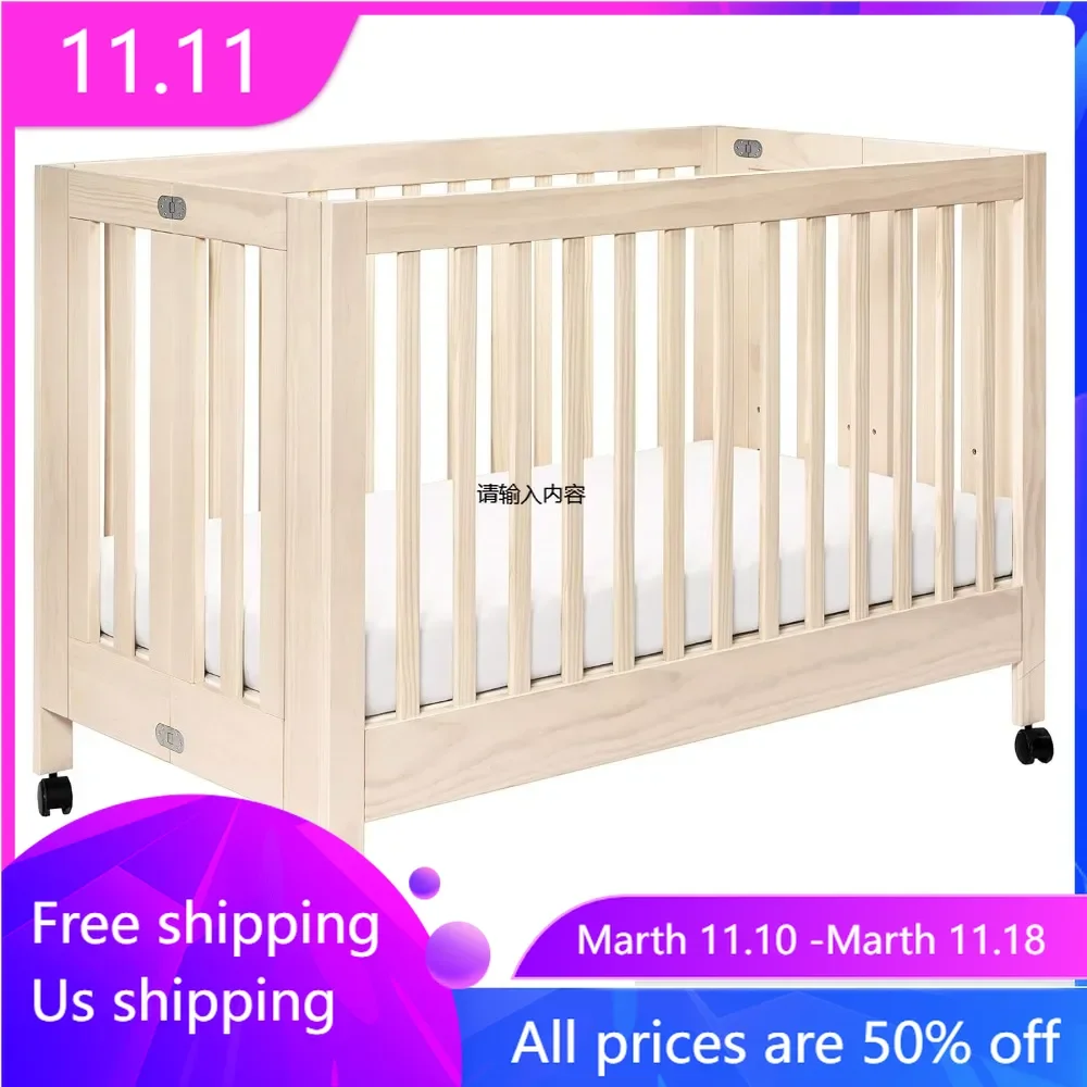 

Maki Full-Size 2-in-1 Portable Folding Crib with Toddler Bed Conversion Kit easy storage in Washed Natural