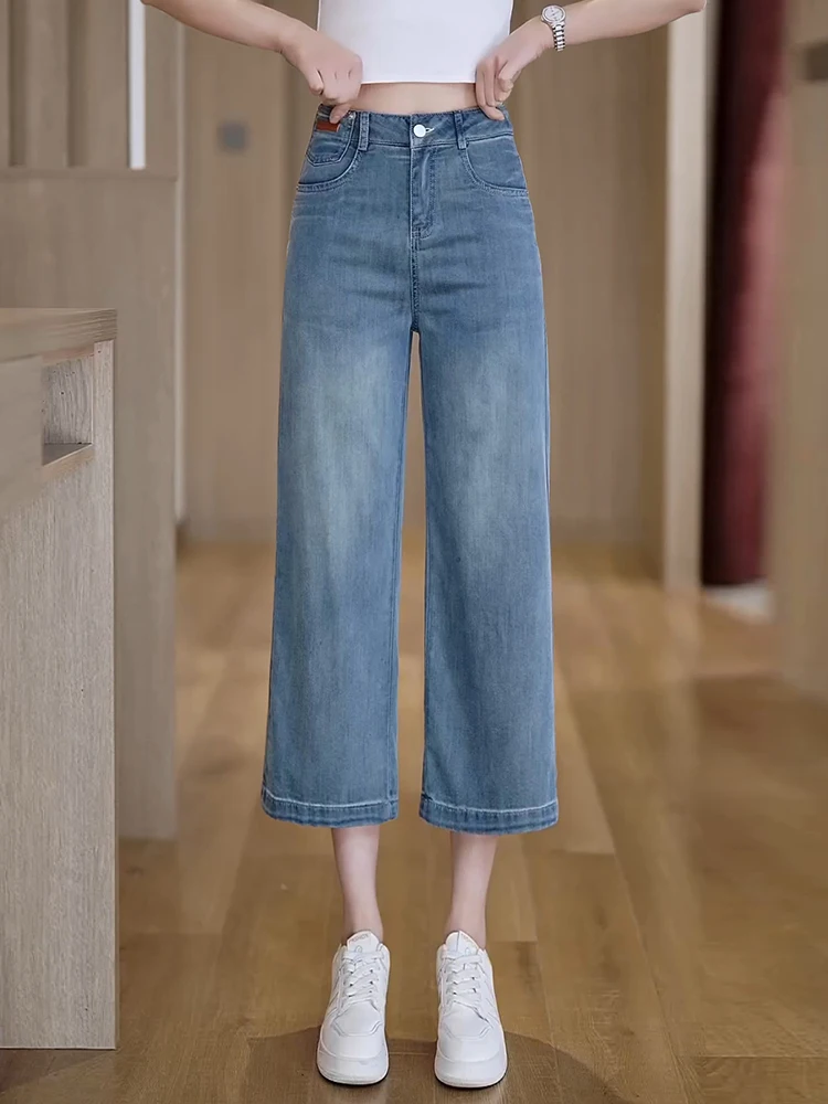 

High Waist Wide Leg Jeans Women Summer Thin New Small Size Slimming Embroidery Nine Point Straight Leg Jeans Commute Style Co...