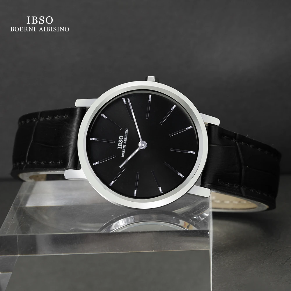 IBSO 2022 New Arrival Women Elegant Quartz Watches S2222L Genuine Leather Strap Full Black Watch Ladies Simple Dial Waterproof