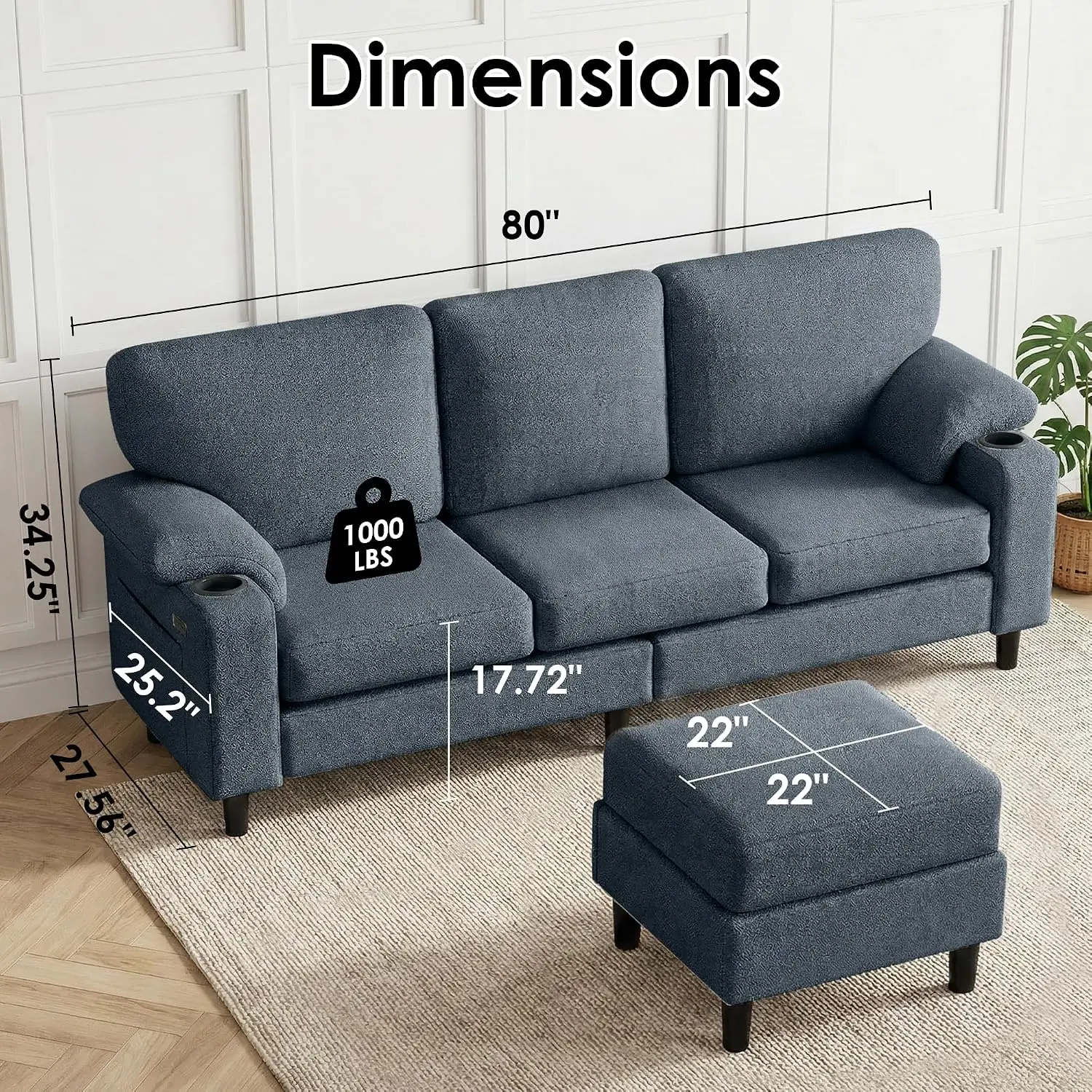 80'' L-Shaped Sofa With Reversible Storage Ottoman, 3-Seater Teddy Fabric With USB & Cup Holders For Small Space, Customized