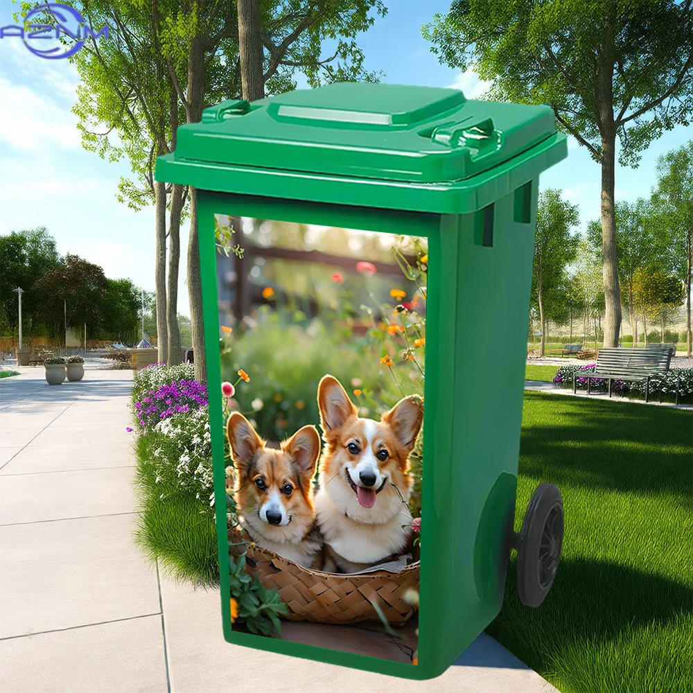 Large Corgi Dog Lovers PVC Sticker - Removable Waterproof Trash Can & Wall Decal, Cute Corgi Puppies in Flower Field Design (G