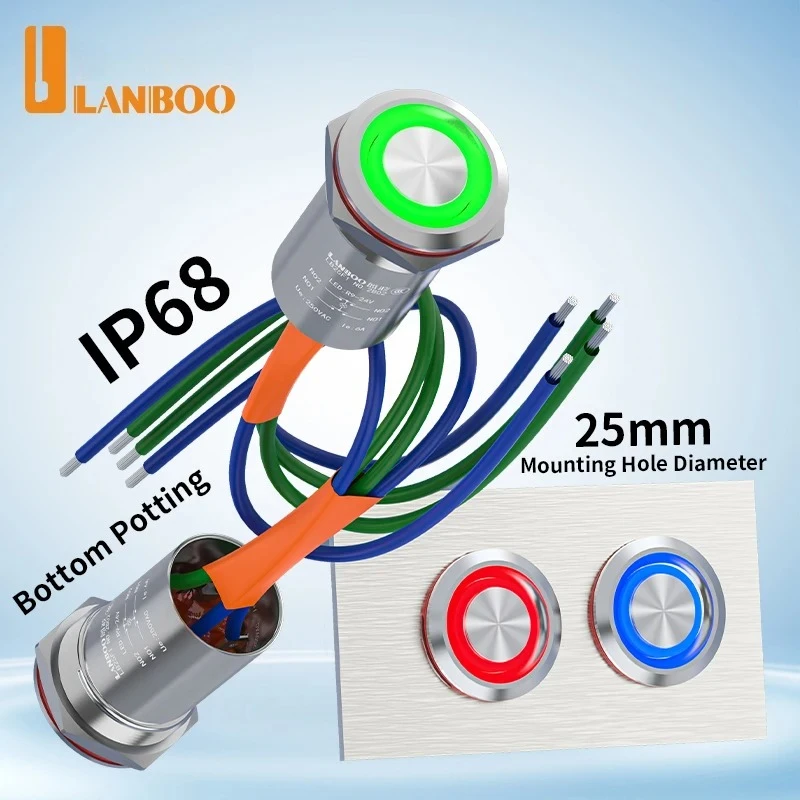 LANBOO 22mm High Quality IP68 Waterproof Dustproof Push Button Switch  16A 1NO 25mm 6A 2NO 150mm Pre-wired