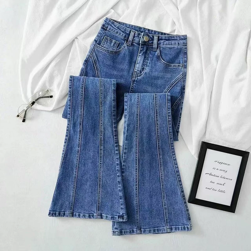 

Женские джинсы, эластичные джинсы, новинка 2025, модные облегающие джинсовые расклешенные брюки с подъемом бедер, повседневные женские брюки