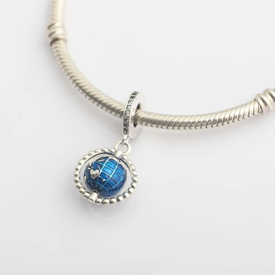 Authentic S925 Sterling Silver Enamel Spinning Globe With Crystal Dangle Charm Bead Fit Women Bracelet Bangle Jewelry