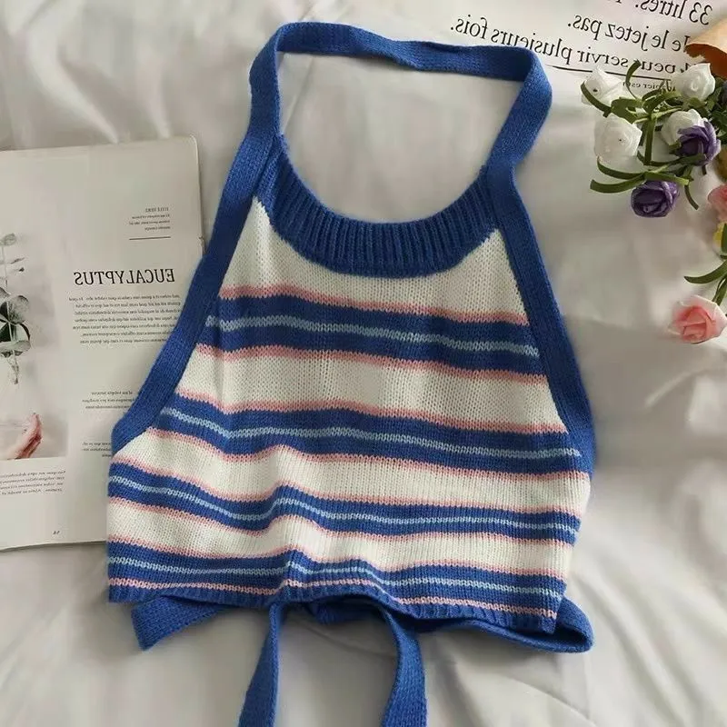Girls' Summer Vest Baby Korean Color Blocked Striped Hanging Neck Top Fashion and Cool Kids All-match Top