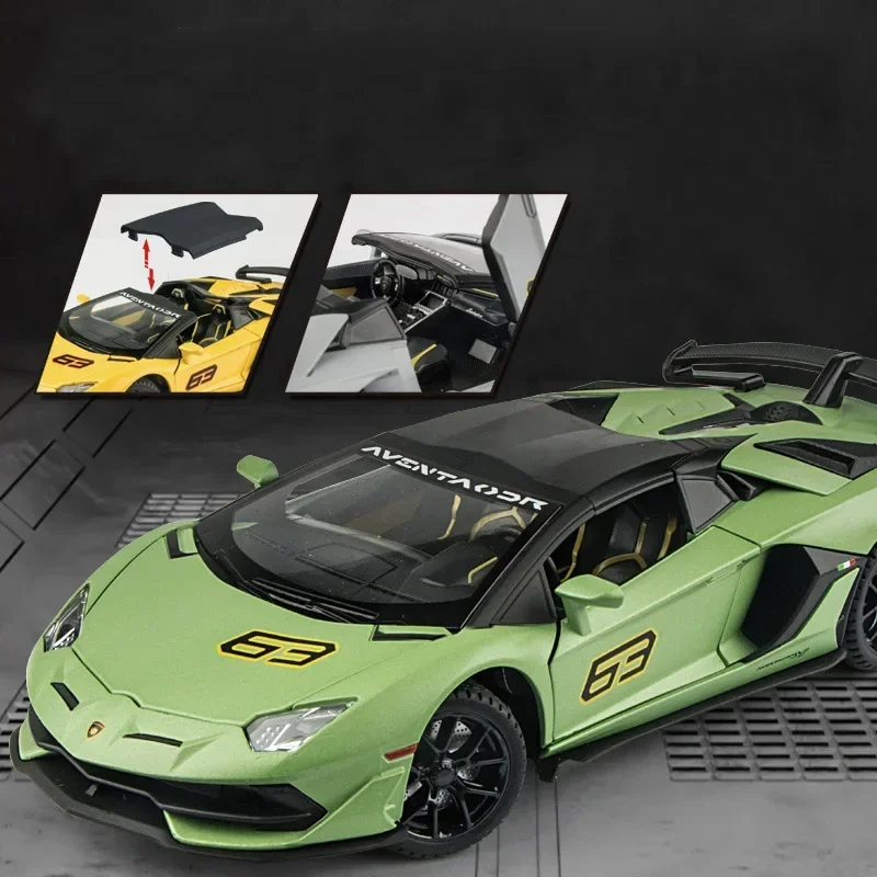 1:24 Lamborghini Aventador SVJ 63 Modello in lega Alta simulazione Diecast in metallo Veicoli giocattolo Modello di auto Suono e luce Regalo per