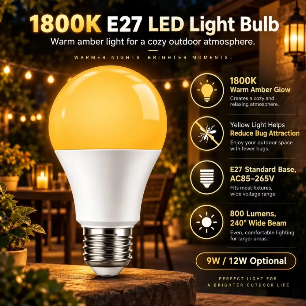 A19 E27 Amber LED Sleep Light Bulb 9W/12W AC85-265V 1800K Warm Glow Healthy Sleep for Bedside Corridor Wall Home Lighting