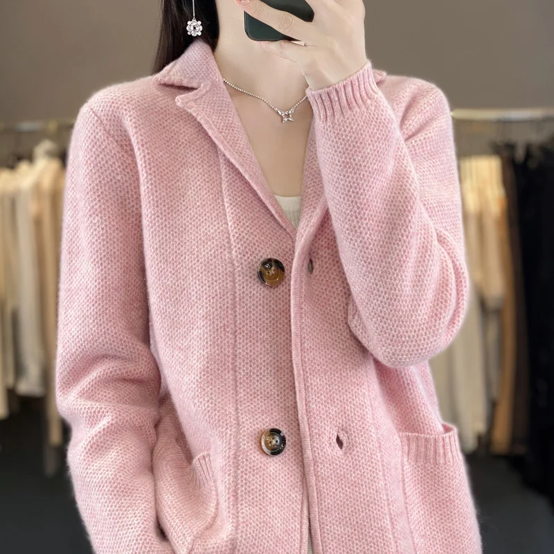 Autumn and Winter New Women\'s Cardigan Lapel 100% Australian Wool Sweater Loose Fashion Knitted Women\'s Cardigan Full Sleeve