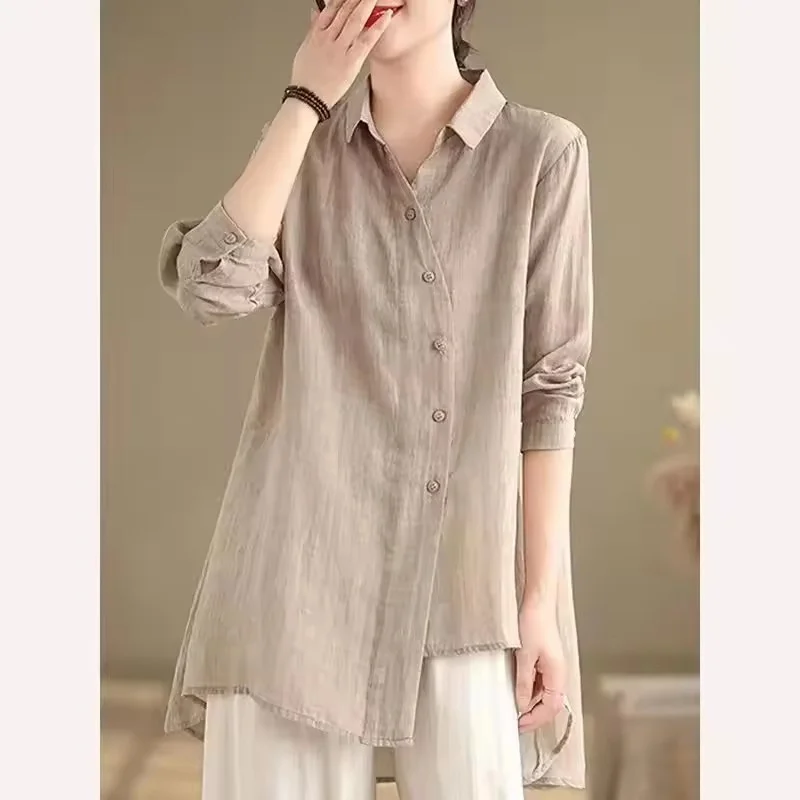 

2025 Spring Summer New Irregular Long Cotton Linen Shirt Women Cardigan Fashion Loose Casual Sun Protection Shirt Female Tops