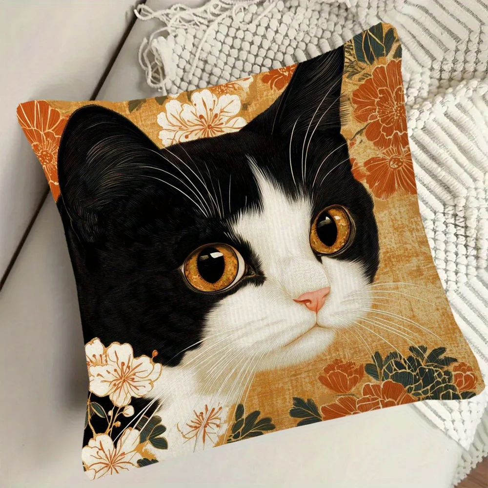 Japanischer Ukiyo-e-Stil Smoking-Katzen-Kissenbezug, Vintage-Blumendruck Schwarz-Weiß-Katzen-Dekokissen für Sofa