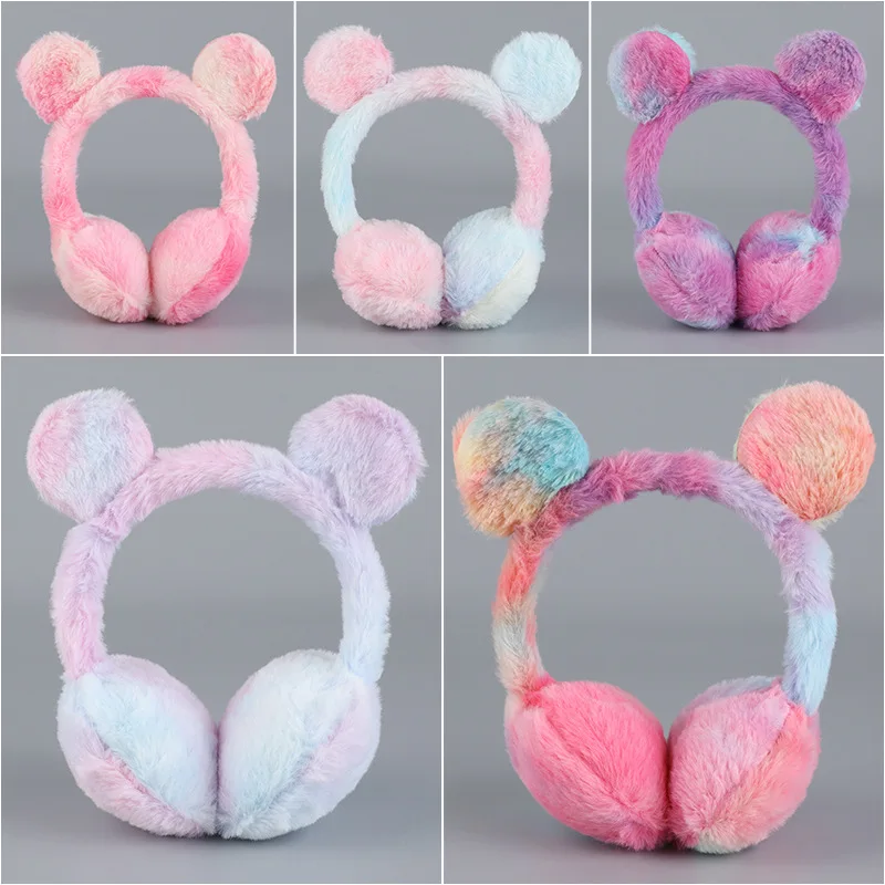 24 nova lantejoulas forma de orelha de gato earmuffs bonito inverno quente dobrável cor contraste pelúcia menina orelha capa