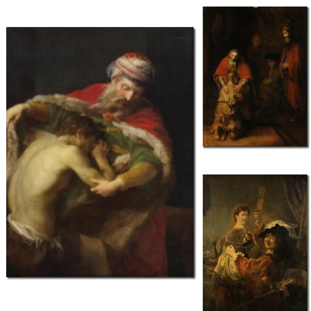 Hand Painted Rembrandt van Rijn Oil Painting The Return of the Prodigal Son Classic Portrait Artwork for Study Room Office Decor