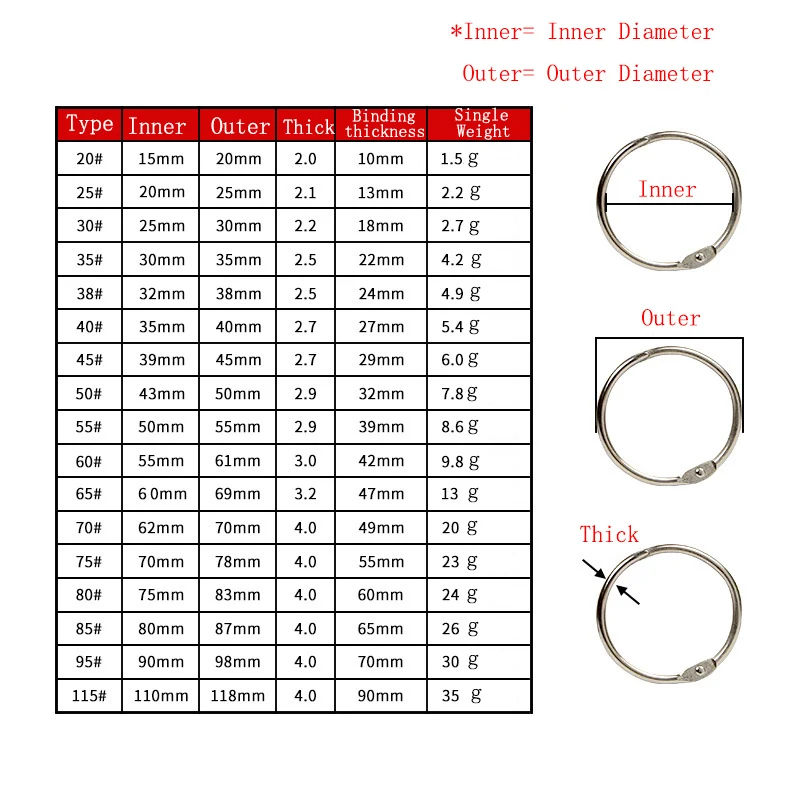 10Pcs/pack 15-110mm Metal Silver Loose-leaf Book Binder Hinged Rings Keychain Album Ring Binders Craft Photo Album Circle Clips