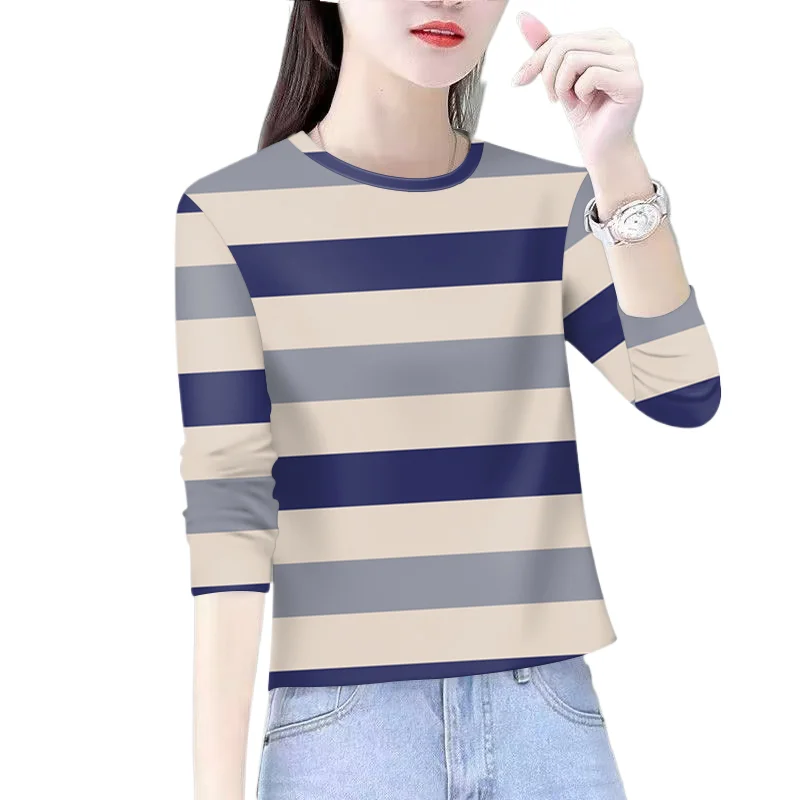 

New Striped Long Sleeved T-shirt 2025 Printed Round Neck Spring Autumn Top For Women Korean Version Versatile Casual Basic Tee