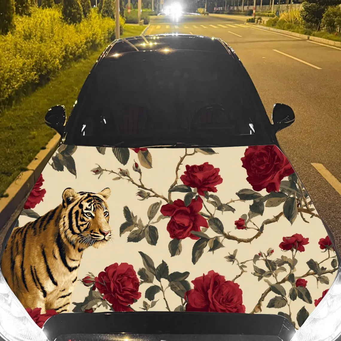 Car Decal Tiger in Red Rose Patterned Background & Artistic, Dynamic-Floral Visual Details Car Hood Sticker, Waterproof Self - A