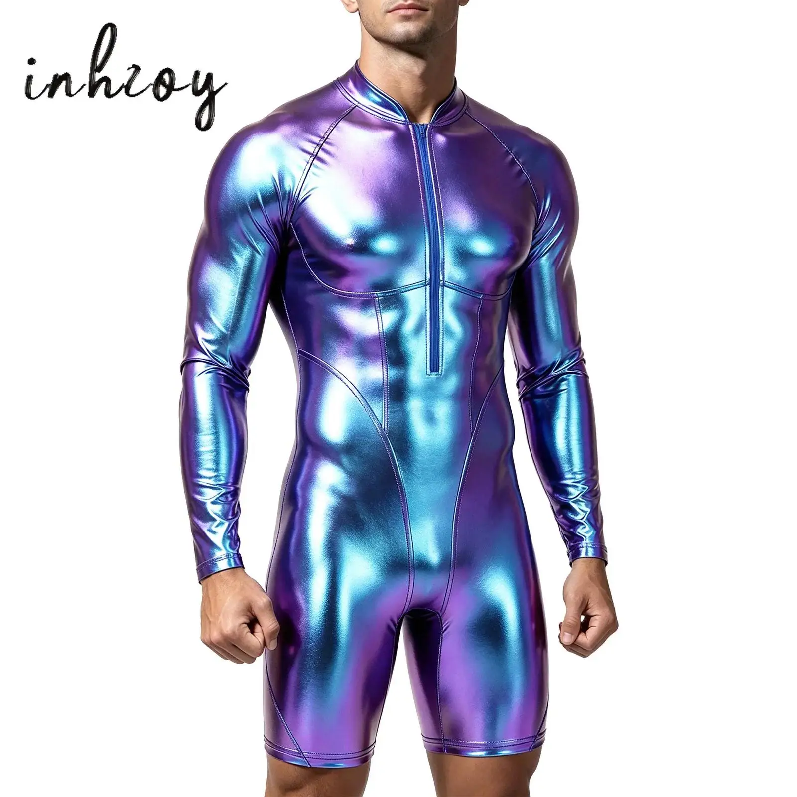 Men Jumpsuit Metallic Shiny Clubwear Swimwear Mock Neck Long Sleeve Short Bottoms One Piece Bodysuit for Disco Dance Gymnastics