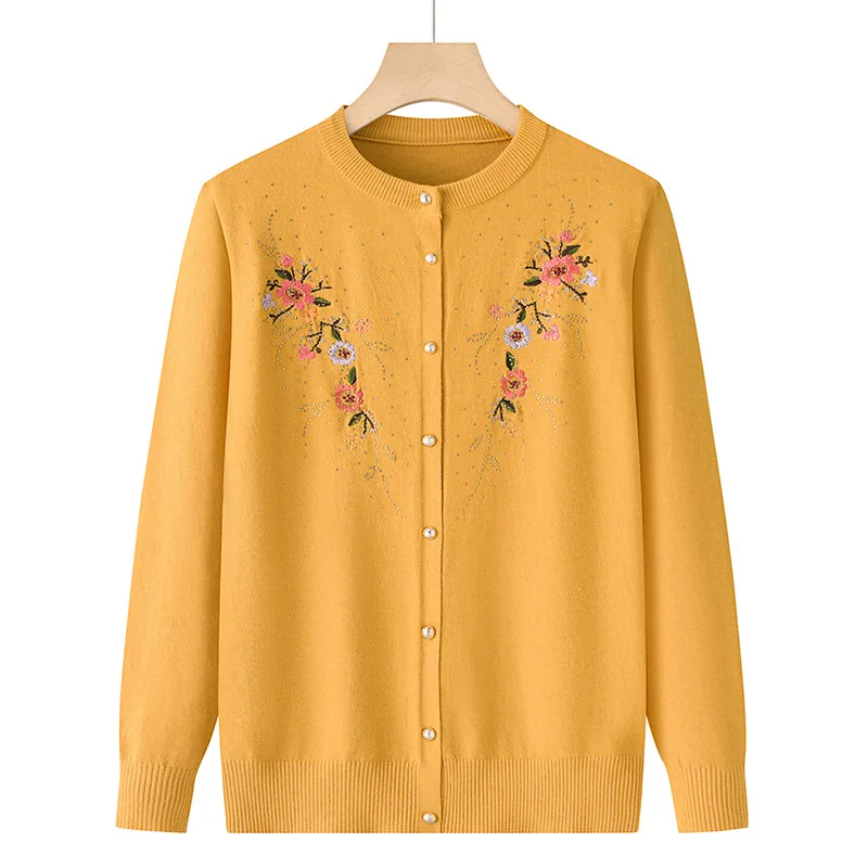 Middle-aged And Elderly Women\'s Embroidery Knit Cardigan Jacket Single-breasted Slim Sweater Coat Thin Spring Grandma Clothing