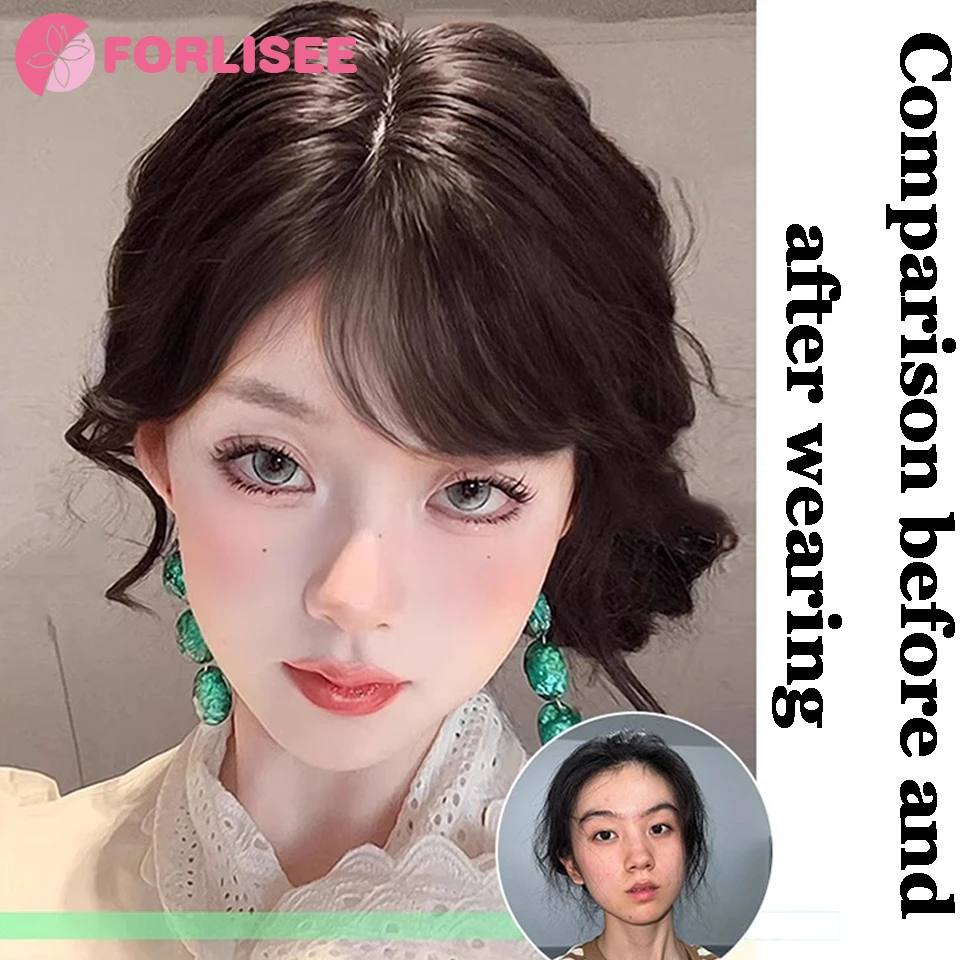 FORLISEE Synthetic Oblique Bangs Wig For Women Natural Forehead Air Bangs Wig Seamless Fake Bangs Hair Piece Head Curtain Bangs