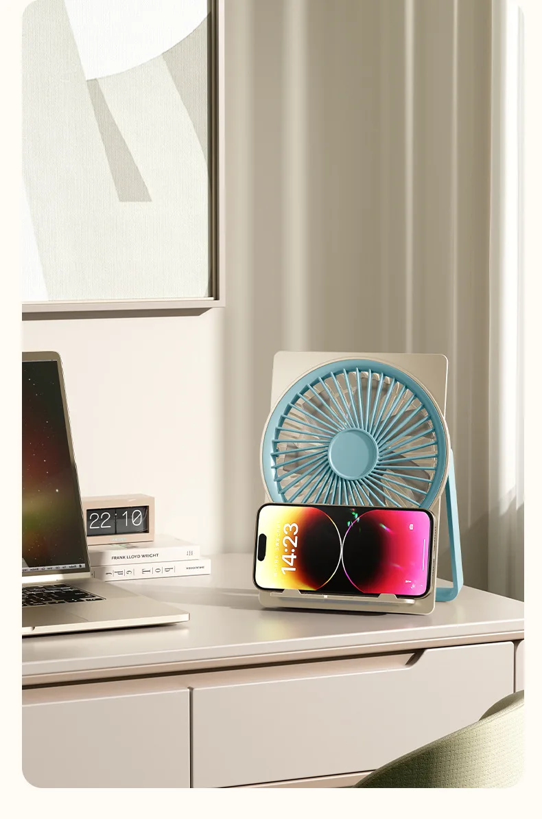 Ultra Thin Mini Fan USB Rechargeable Card Fan LCD Digital Display 6-speed Adjustment Hanging Stand Dual Use Desktop Fan