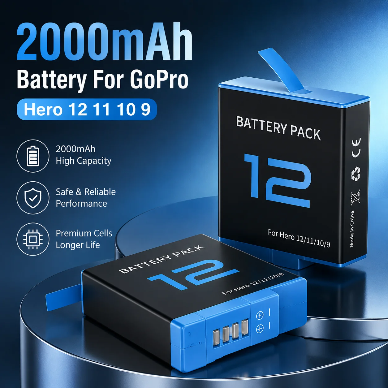 2000mAh Battery For GoPro Hero 12 11 10 9 Li-ion Battery Pack Motion Camera Battery Storage Fast Charger Rechargeable