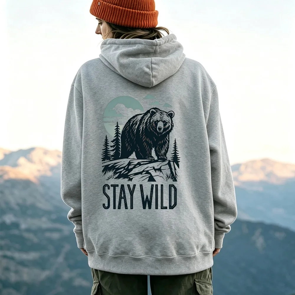Stay Wild Vintage Grizzly Bear Pine Forest Mountain Graphic Hoodie Front Print Sweatshirt Outdoor Camping Hiking Casual Hooded
