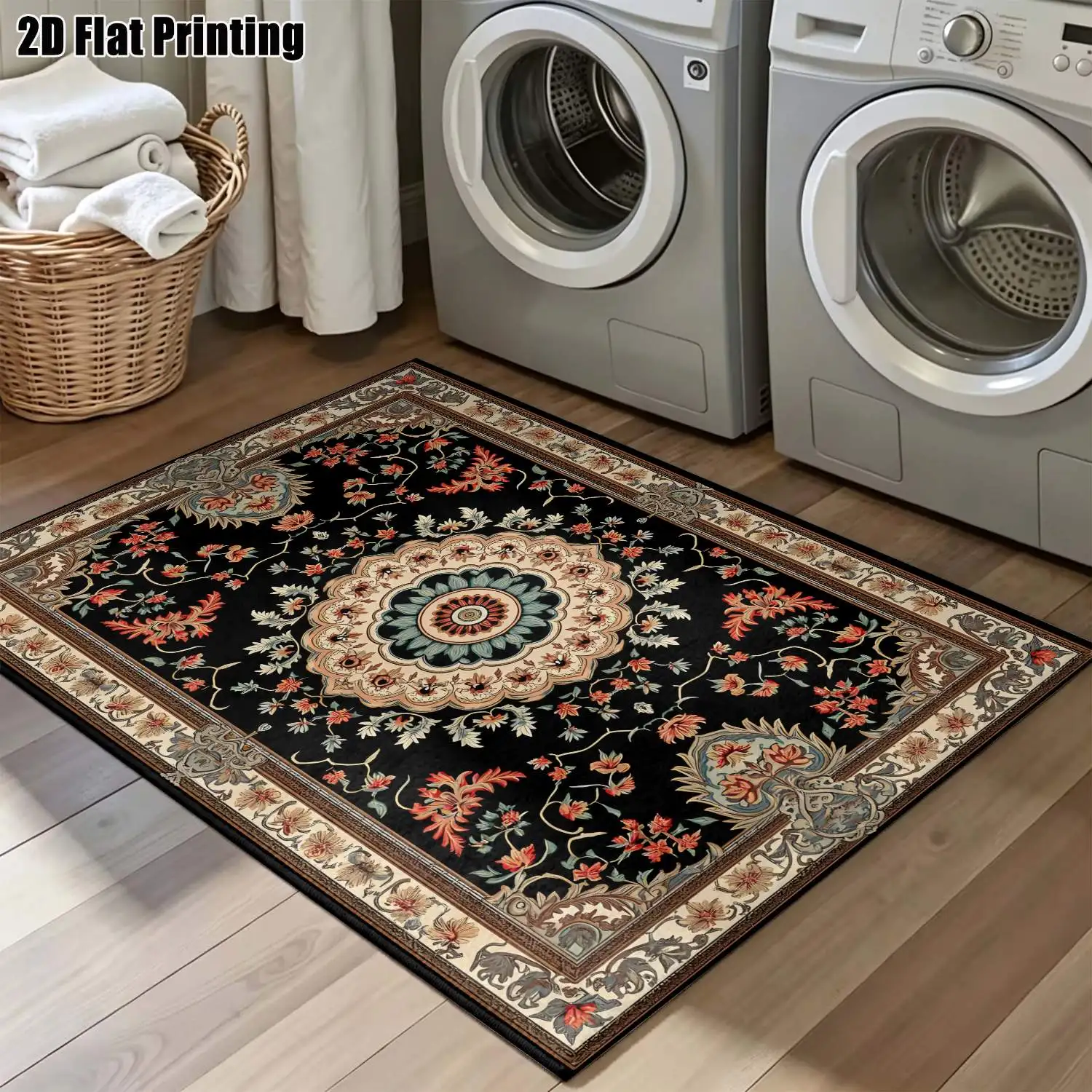 1Pc 2D Printed Carpet: Black Base, Red Floral Pattern European Vintage & Bohemian Geometric Floral, Home Decor, Multi-Size, Machine Washable, for Entryway, Dining Room, Foyer, Bedroom, Living Room, Study.