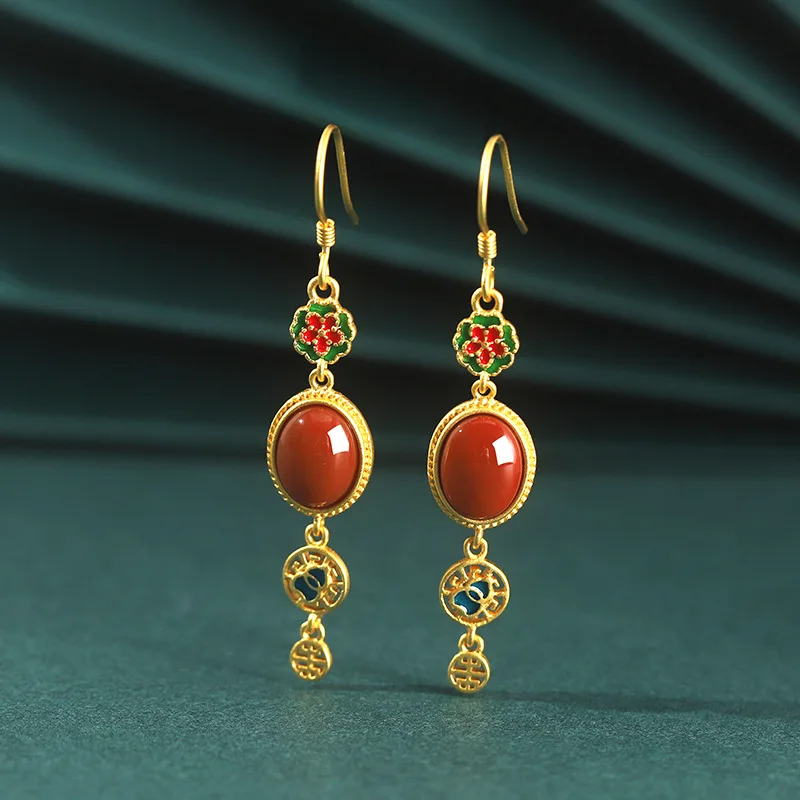 

Original classical style 9999 24K Real Gold Red Agate Ear Hook Women's Earring Good Luck Hetian Jade Hollow Gourd Ear Dendron
