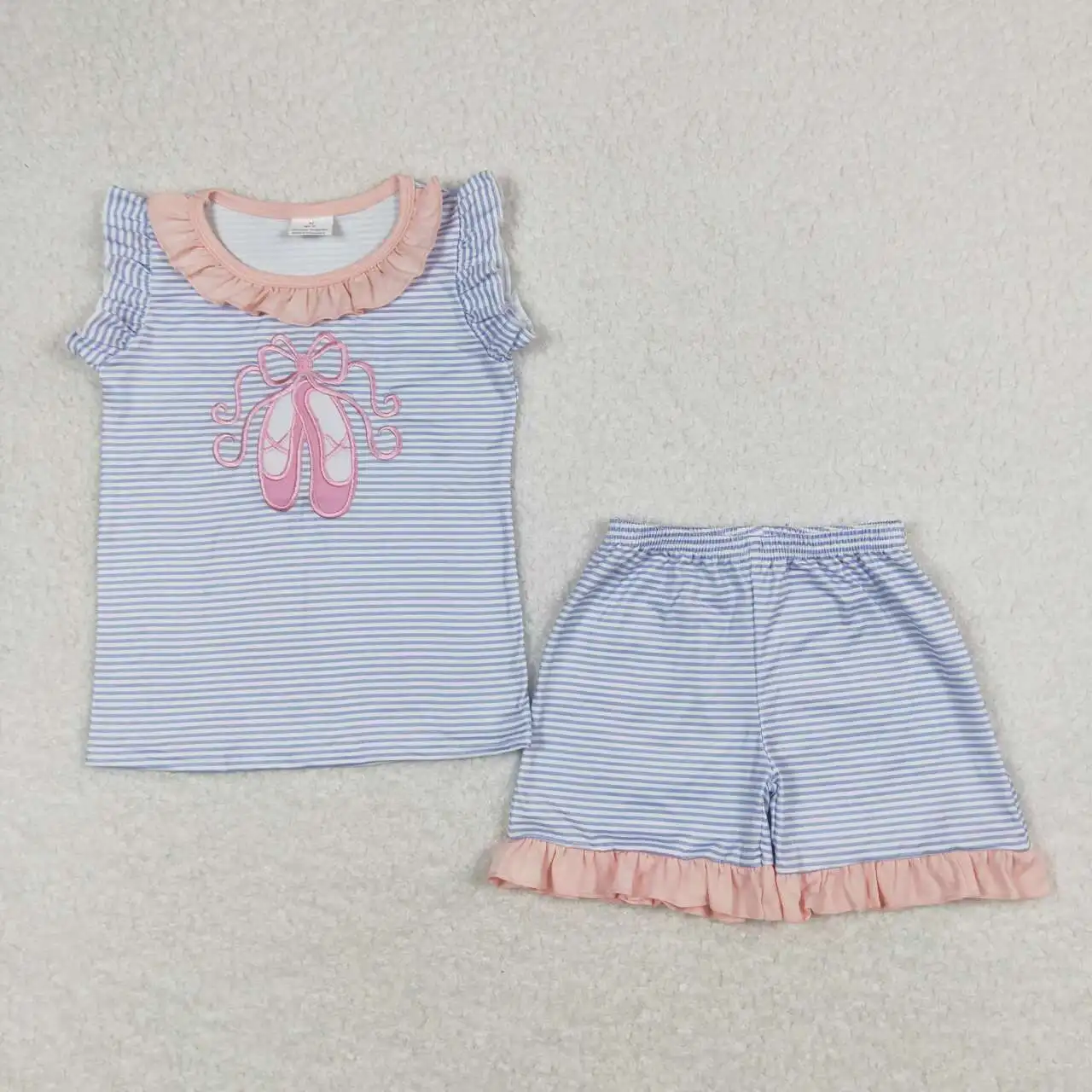 GSSO0574 Ballet shoe embroidery baby girl clothing set blue and white stripes clothing sets toddler girl clothing