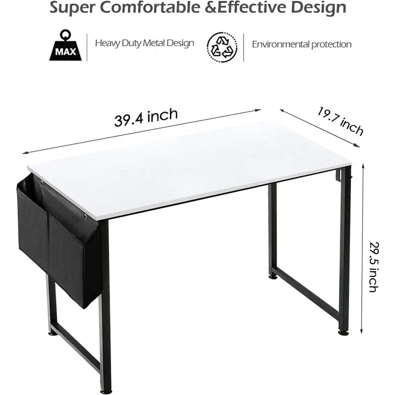 Escritorio para computadora Mesa de escritura blanca para espacios pequeños Oficina en casa Escritorio para PC de estudio moderno de 39 pulgadas con gancho para bolsa de almacenamiento, blanco y negro