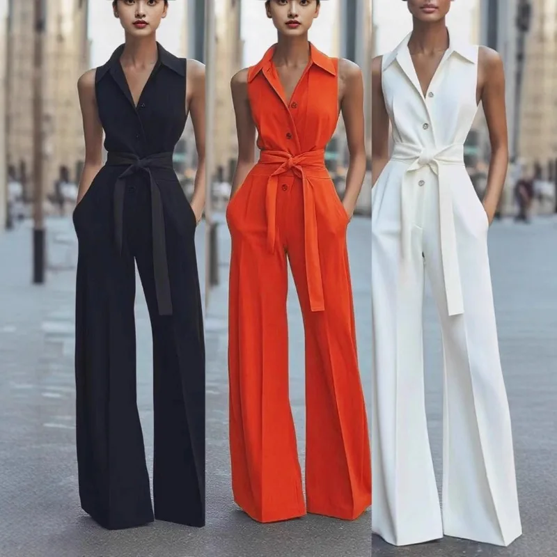 2026 Cross Border Foreign Trade Women's Fashion Shirt Collar Solid Color Wide-leg European and American Commuter Office Jumpsuit