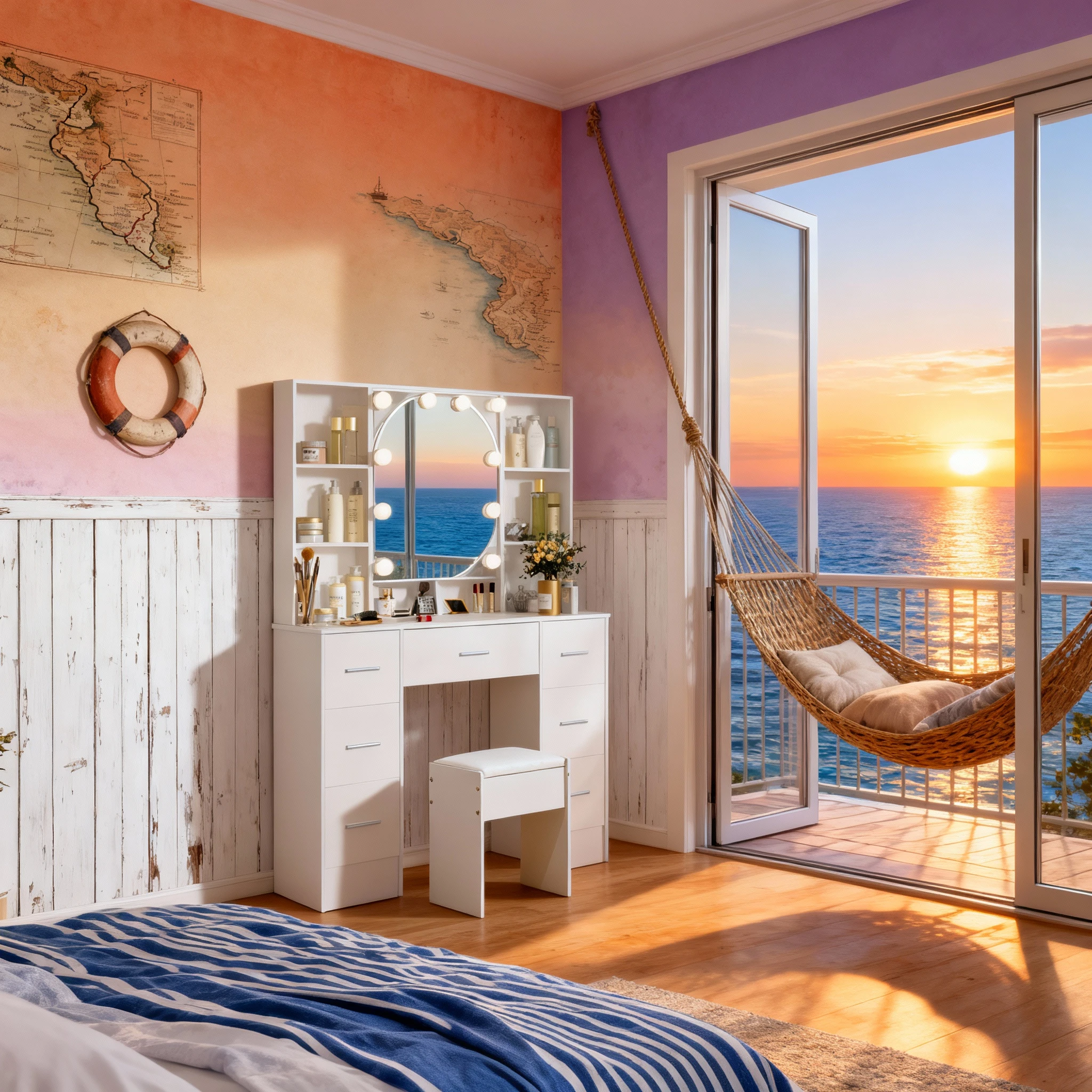 طاولة مكياج خشبية بيضاء مع مرآة LED و7 أدراج