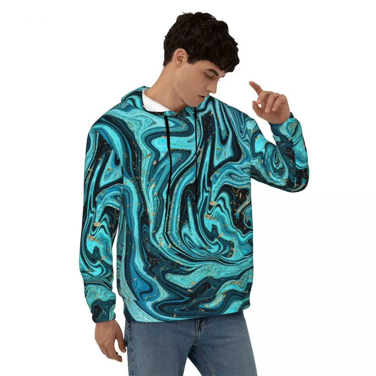 

Blue Gold Marble Casual Hoodies Abstract Swirl Velvet Warm Sweatshirts Winter Long Sleeve Outerwear Oversized Pullover Hoodie