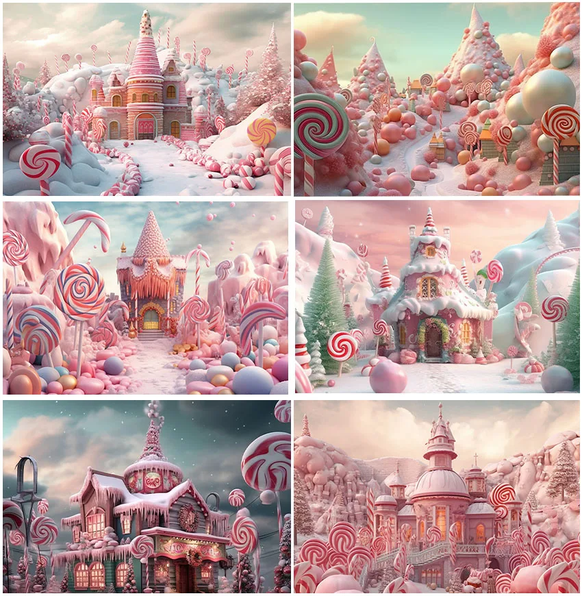 

Winter Snowy Pink House Castle Backgrounds Lollipop Candy Store Xmas Trees Cake Smash Birthday Party Decoration Backdrops Props