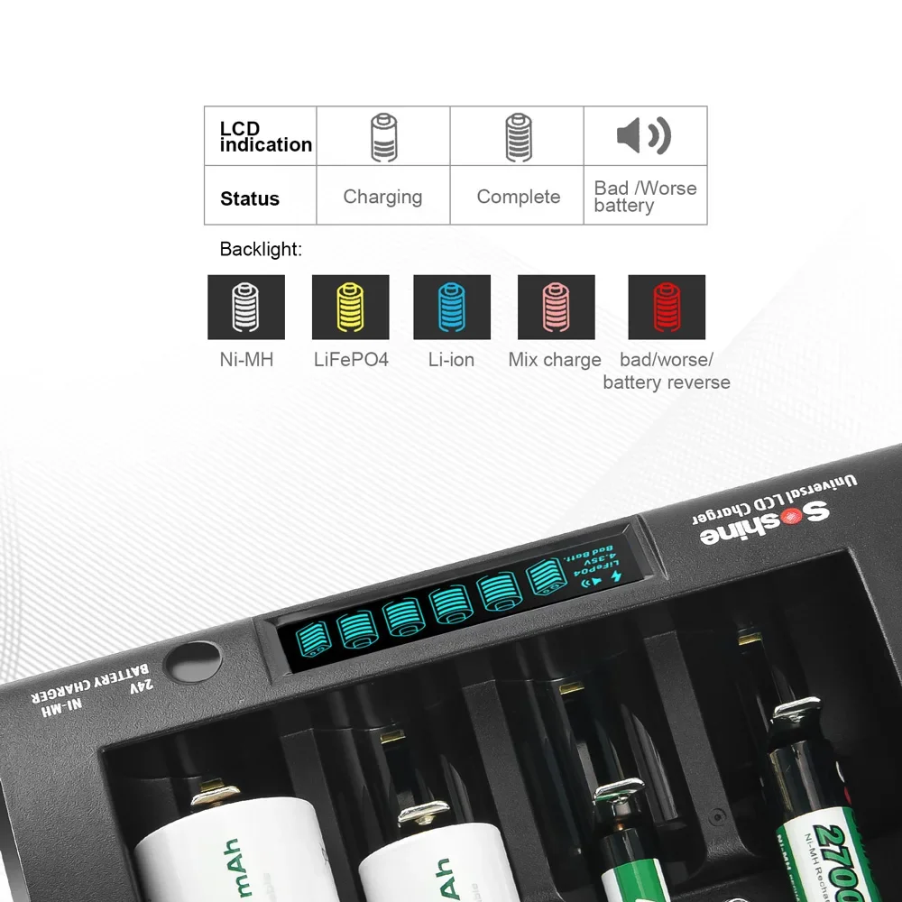 Soshine Original LCD Universal Charger Ni-MH Li-ion LiFePO4 18650 21700 26650 14500 18500 16340 AAA  AA 9V C D Battery Charger