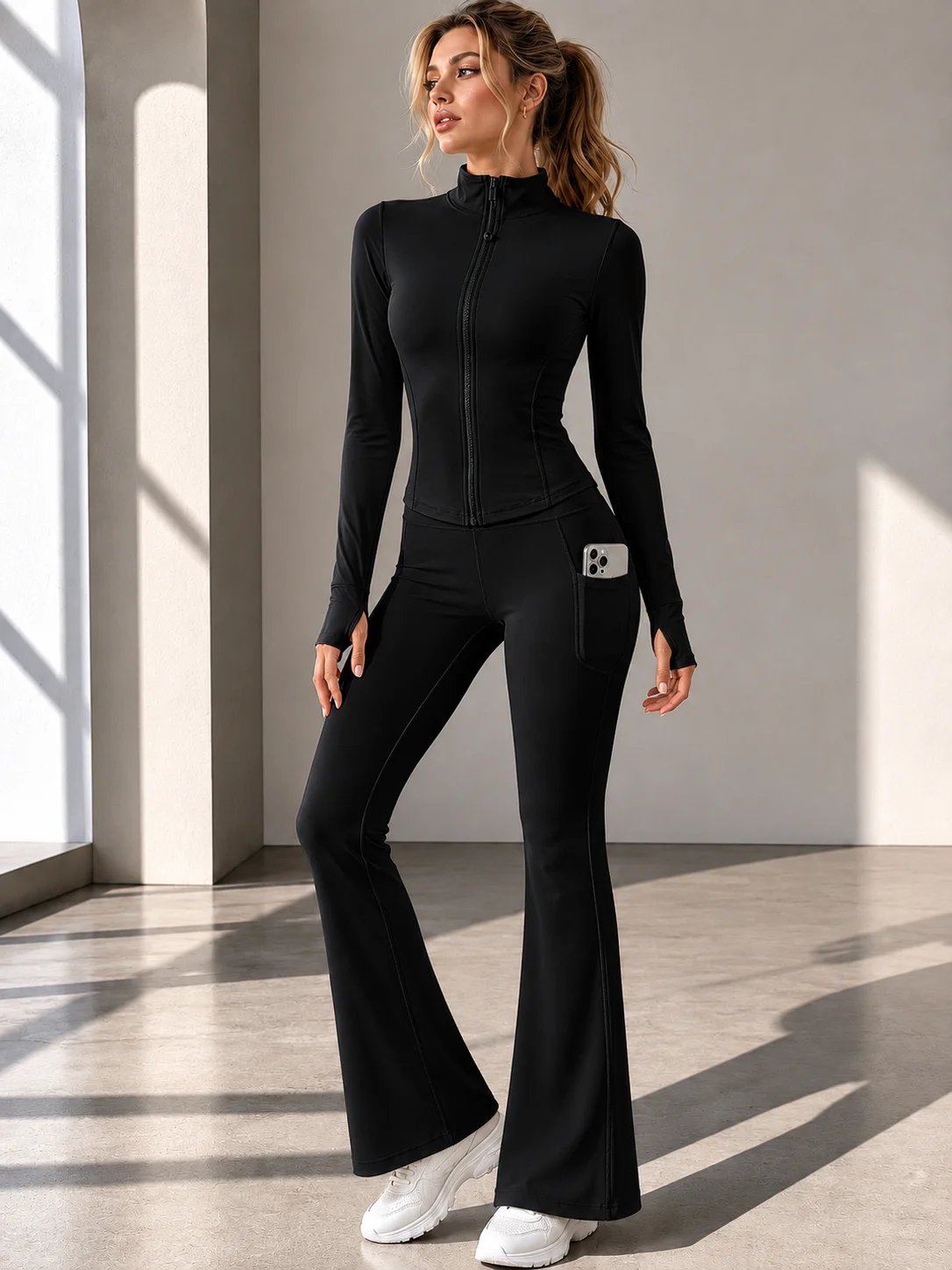 Seamless Slim Fit Yoga Set for Women Full Zip Stand Collar Sports Jacket High Waist Flare Pants With Phone Pocket Gym Training T