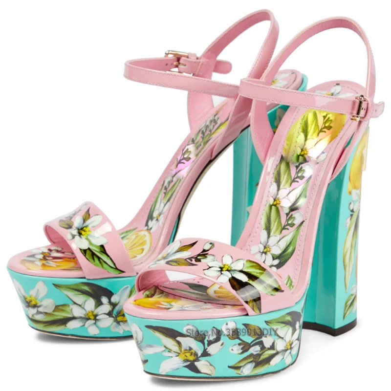 

New Fashion Square High Heel Sandal with Flower Print Female Platform Ankle Buckle Strap Elegant Sandals