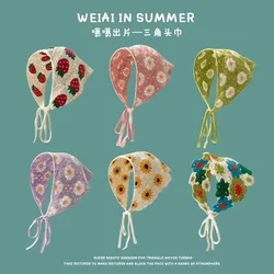 Korean Sweet Cute Handmade Crochet Hollow Triangle Headband Towel Women Spring and Summer Travel Photo Hair Scarf