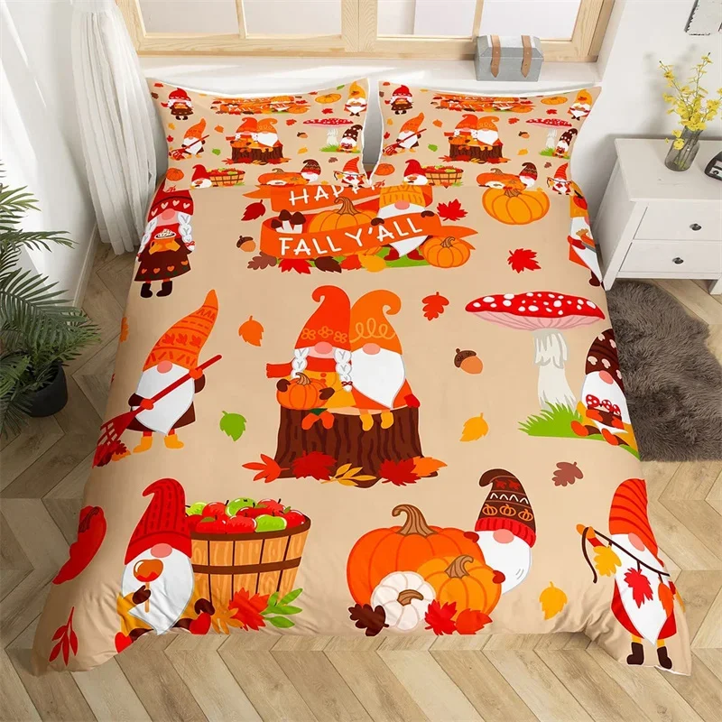 Fall Maple Leaves Duvet Cover King Autumn Harvest Theme Bedding Set Cartoon Christmas Santa Thanksgiving Pumpkin Comforter Cover