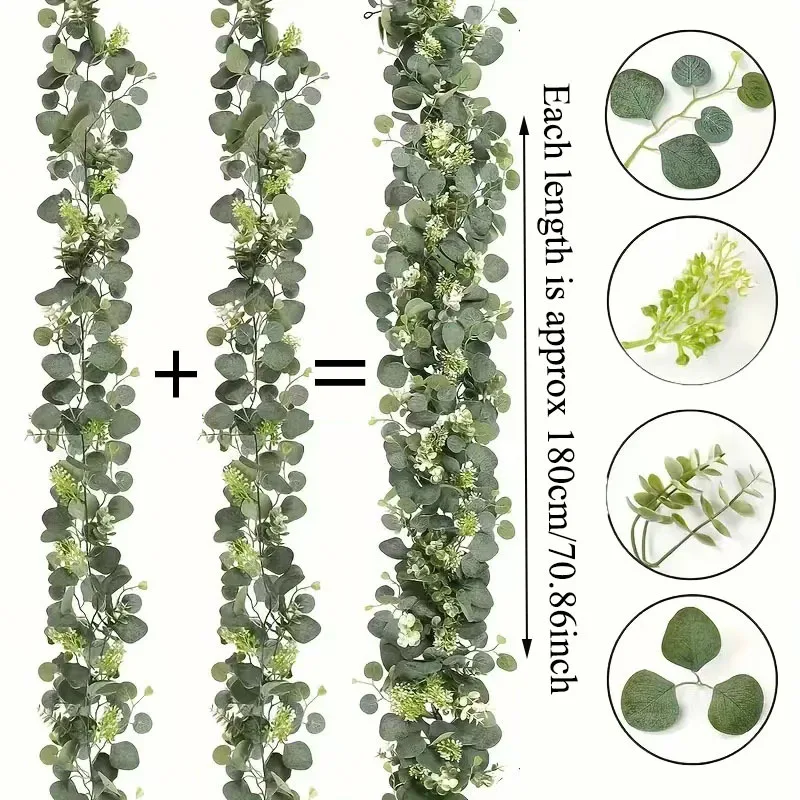 1 Uds. 2 uds. Guirnaldas de eucalipto y sauce artificiales verdes, enredaderas de plantas artificiales de 70 pulgadas de largo con delicadas flores blancas