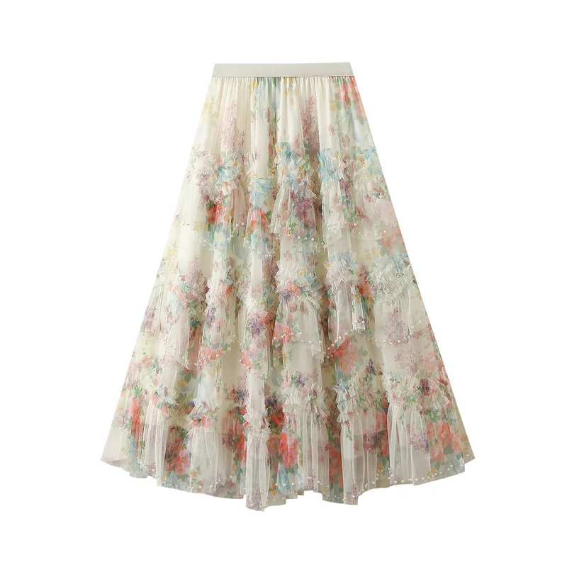 Pink nail bead mesh fairy skirt half body skirt, women's summer 2025 new printed yarn skirt, fluffy long skirt, A-line skirt