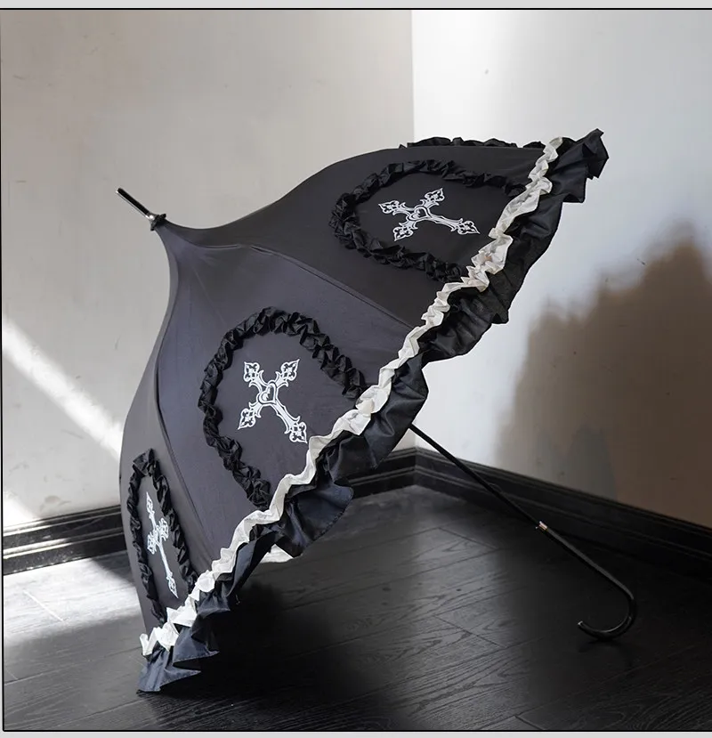Dark Style Pagoda Shade Umbrella, Vinyl UV Sunscreen Parasol for Gothic Lolita Outfit Shooting