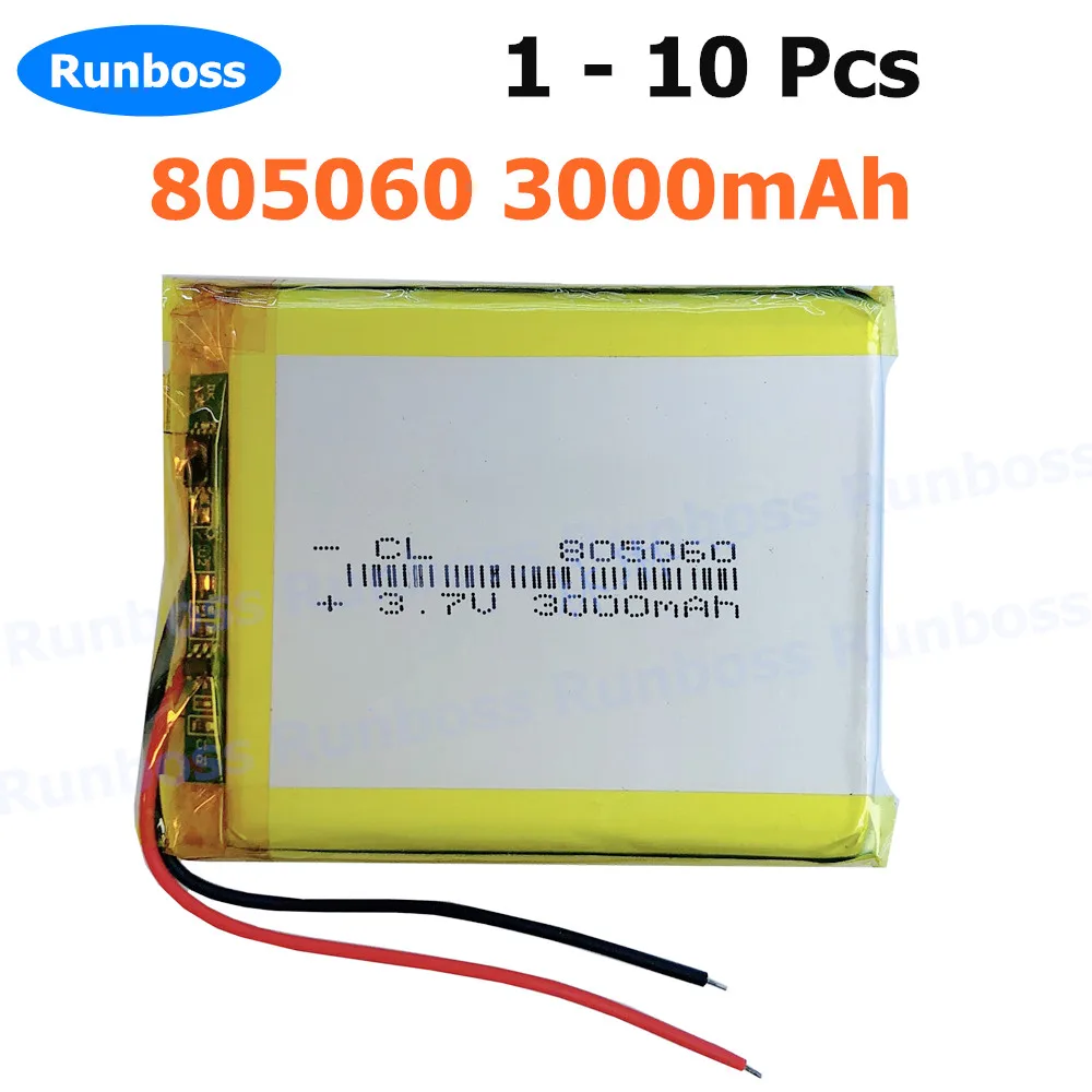 

1-10pcs 3.7V 3000mAh 805060 755060 Li-Polymer Battery for MP3 GPS DVD Point Reading Toys Bluetooth Headset Beauty Instrument