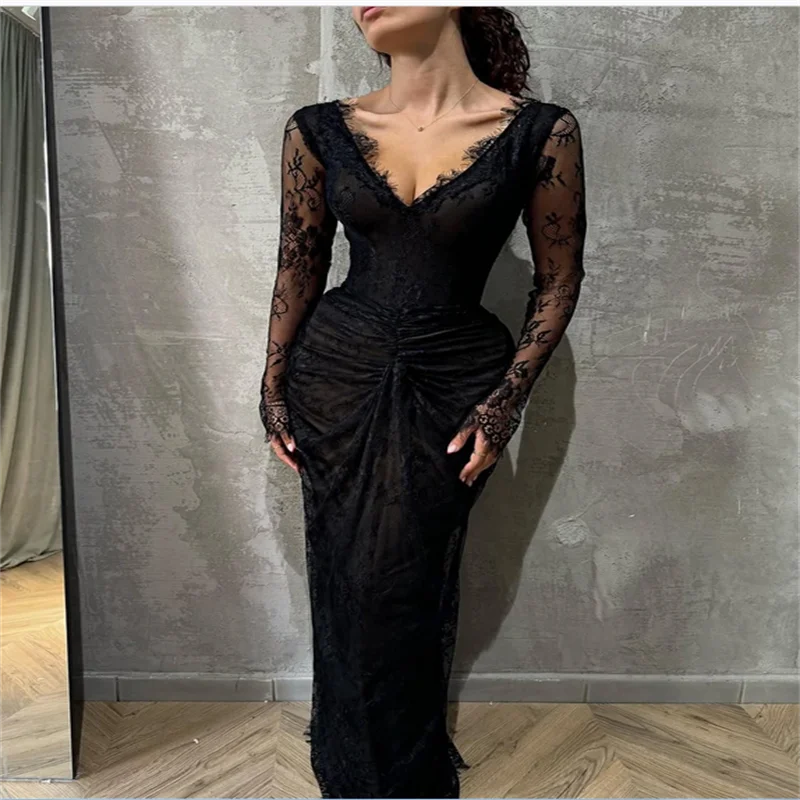 

Черные кружевные платья для выпускного вечера с v-образным вырезом и длинными рукавами по индивидуальному заказу, вечерние платья со складками, Vestidos De Noche, длиной до пола, торжественный вечер 2025