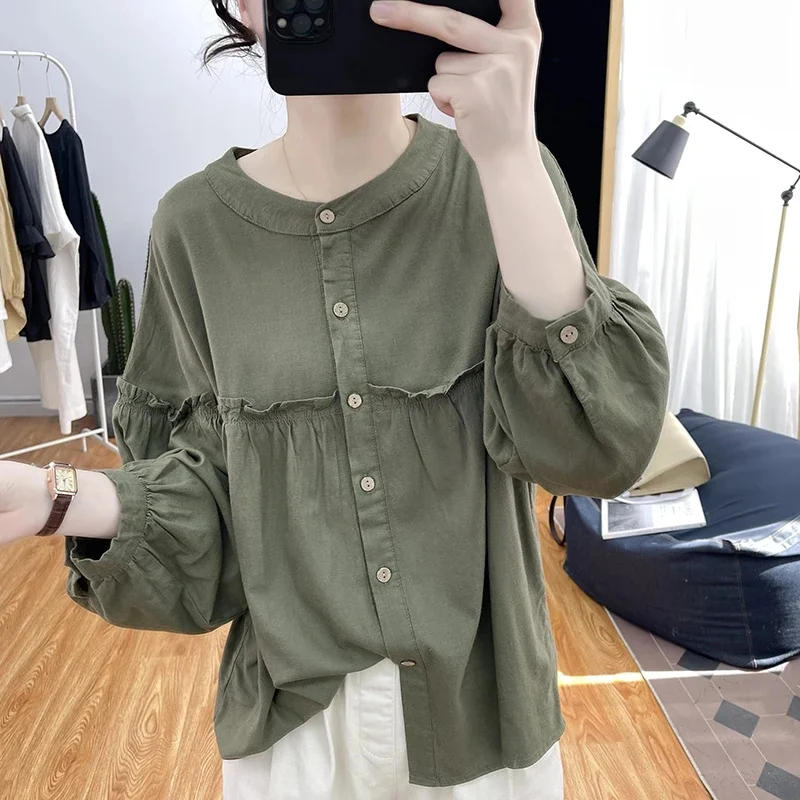 

Women's Shirt Blouse Lantern Sleeve Pure Cotton Long Sleeved Shirt Spring Summer Autumn Ruffled Seven Quarter Sleeved Shirt