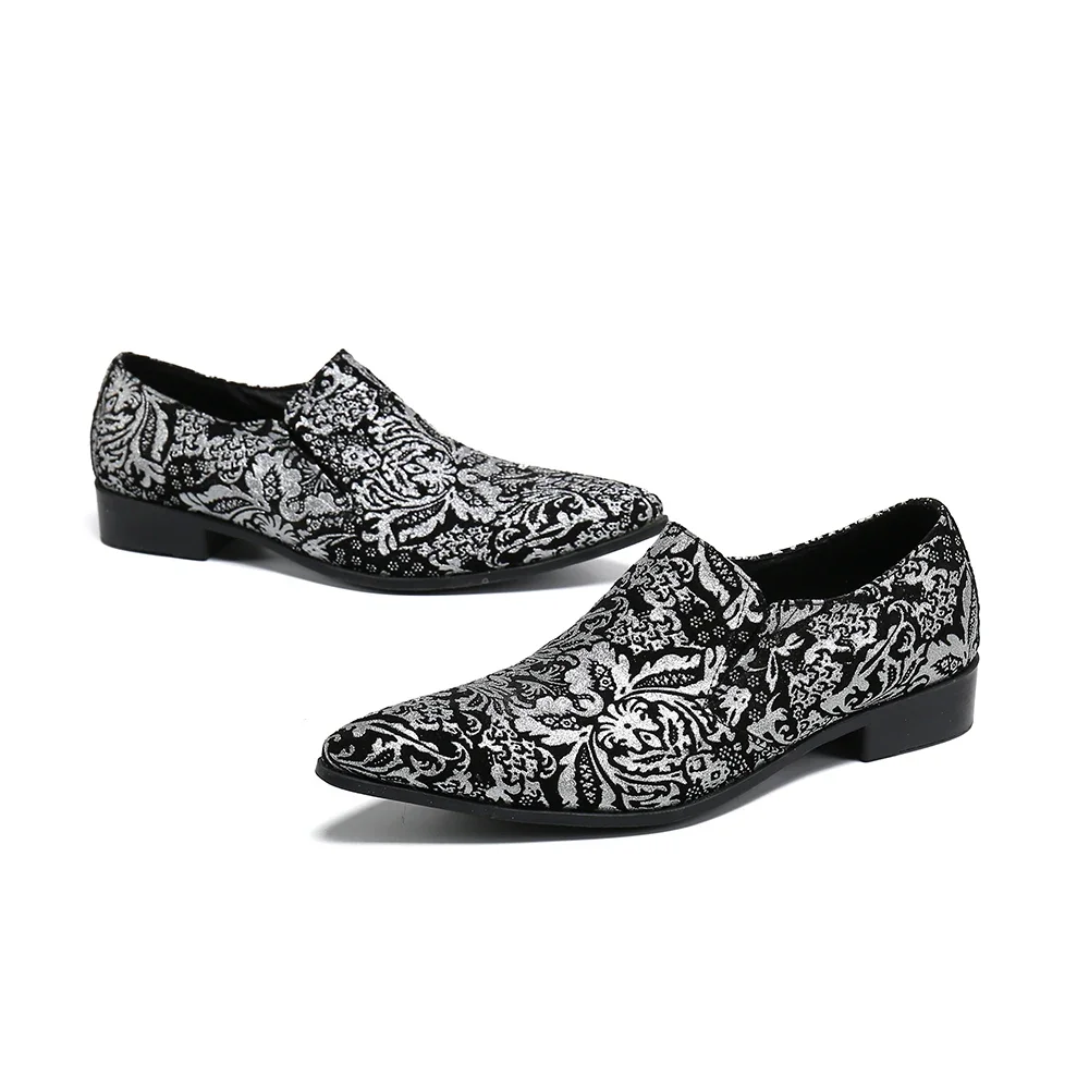 

Social Black and White Plus Size Evening Shoes Leisure Pointed Toe Embroidery Prom Shoes Fashion Real Leather Male Casual Shoes