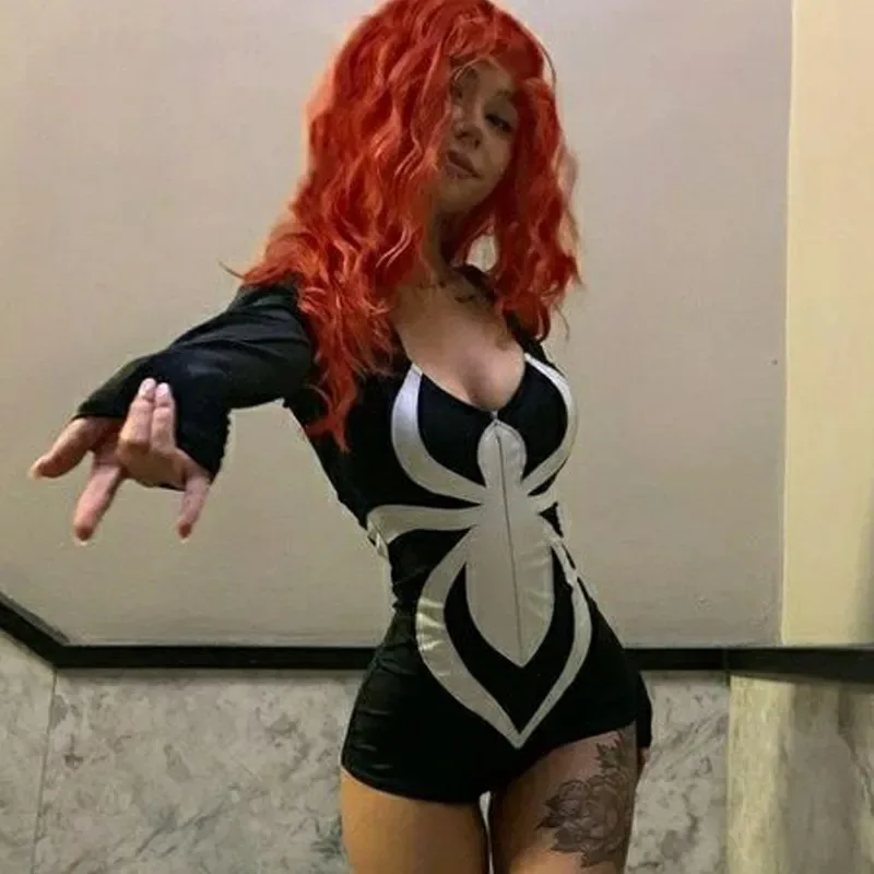 Tuta con scollo a U con cerniera con stampa ragno da donna gotica di moda estiva cosplay tuta attillata da discoteca sexy nera