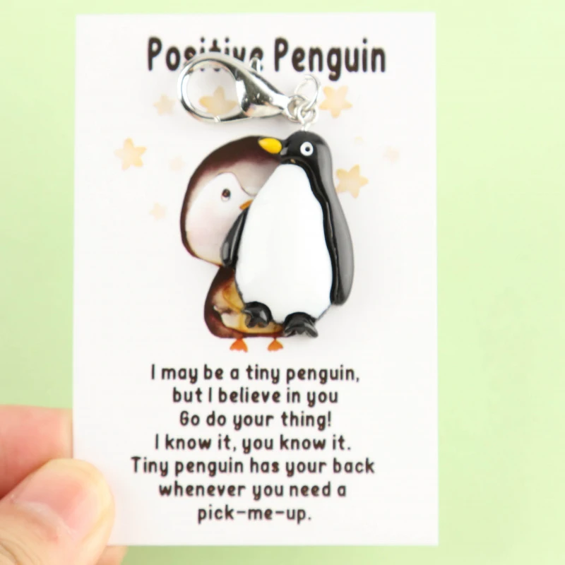 1/8Set “Positive Penguin”Inspirational greeting card Cute resin penguin keychain Pendant Set Greeting card with positive encoura