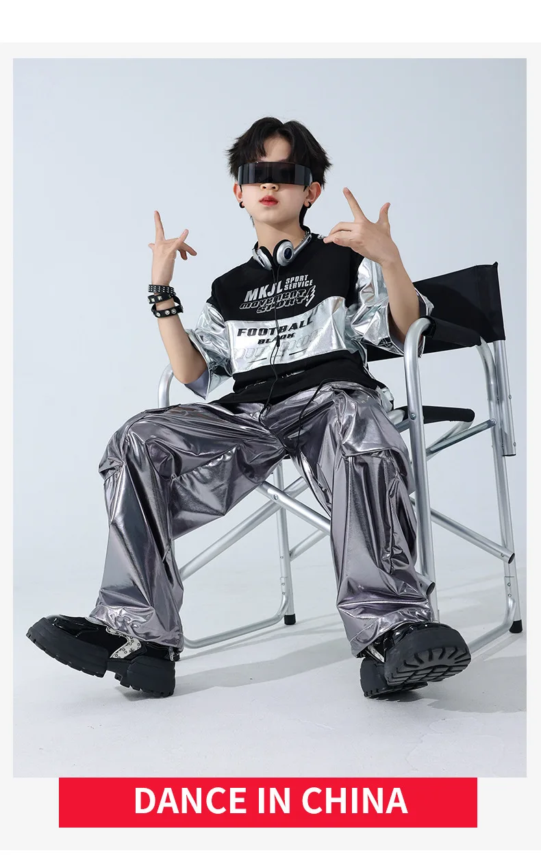 Jungen Hip Hop Patchwork T-shirt Silber Street Dance Cargo Hosen Mädchen Pailletten Streetwear Kinder Jazz Kleidung Kinder Bühne Kostüme – Detail 13