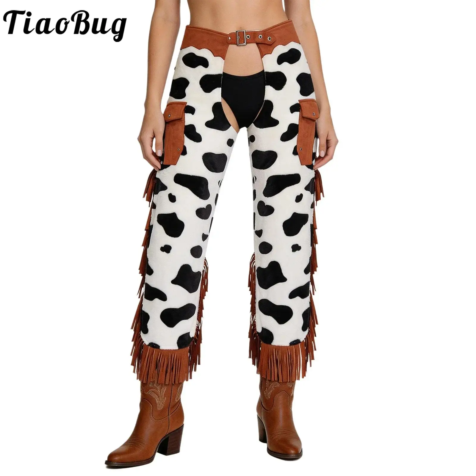 Women Western Cowgirl Fringed Chaps Pants Raves Party Cow-spot Pattern Flannel Side Tassel Patchwork Adjustable Waist Trousers