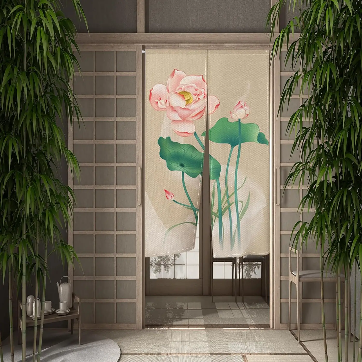 Chinese Lotus Flower  Doorway Curtain Door Tapestry for Kitchen Bathroom Japanese Ink Pink Floral Printed Home Decoration Green